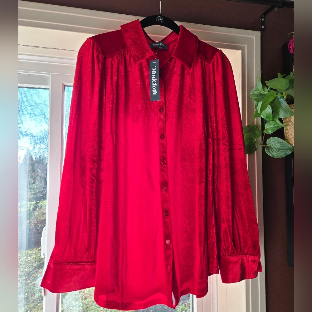 NWT Modcloth Bright Red Velvet Blouse Button-Down Christmas Party 1X